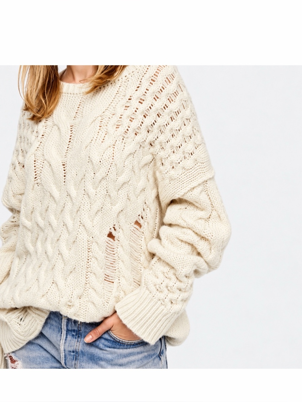 Free People Destroyed / Distressed Cable Knit Alpaca Wool Sweater - Cream
